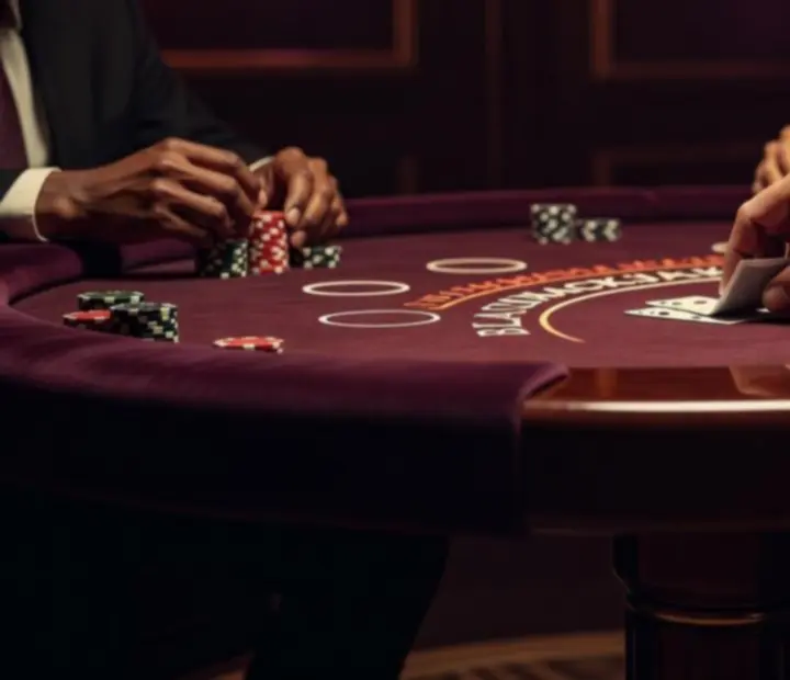 Krupié keze, ahogy blackjack lapokat oszt egy megvilágított asztalon