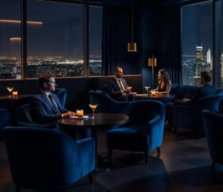 Late-night lounge panorámás ablakokkal, esti városfénnyel és koktélos vendégekkel