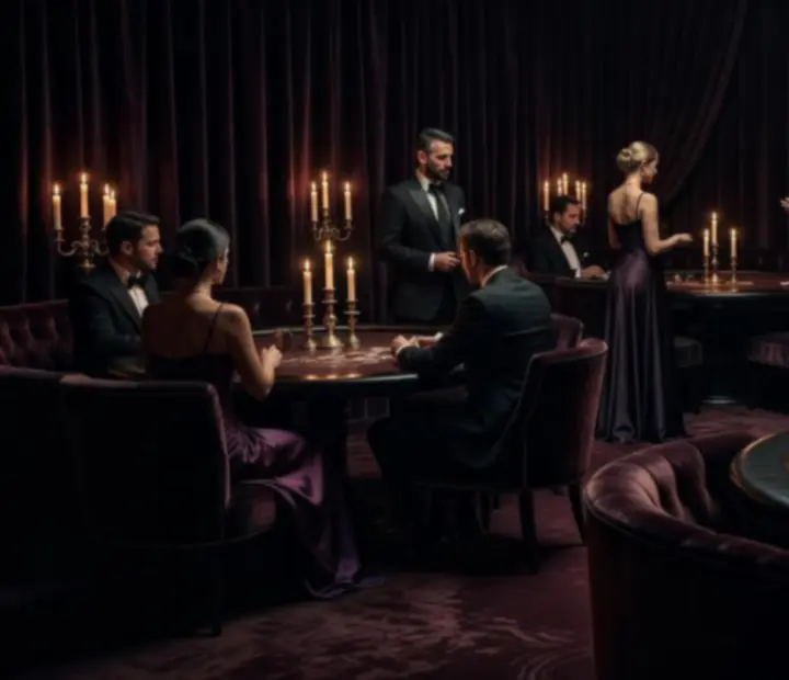 Hangulatos, gyertyafényes poker-lounge bársony székekkel és mély fa burkolatokkal