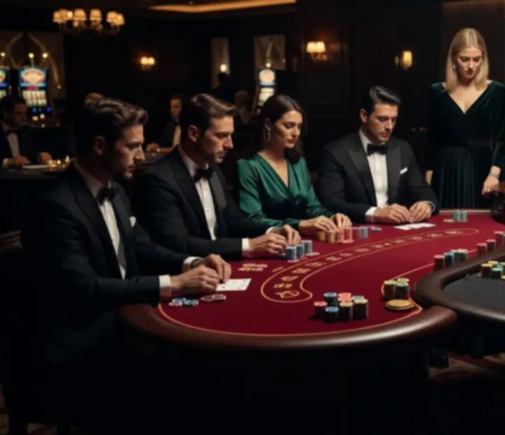 Pókerasztalok, rulettkerék és blackjack asztalok bársony székekkel